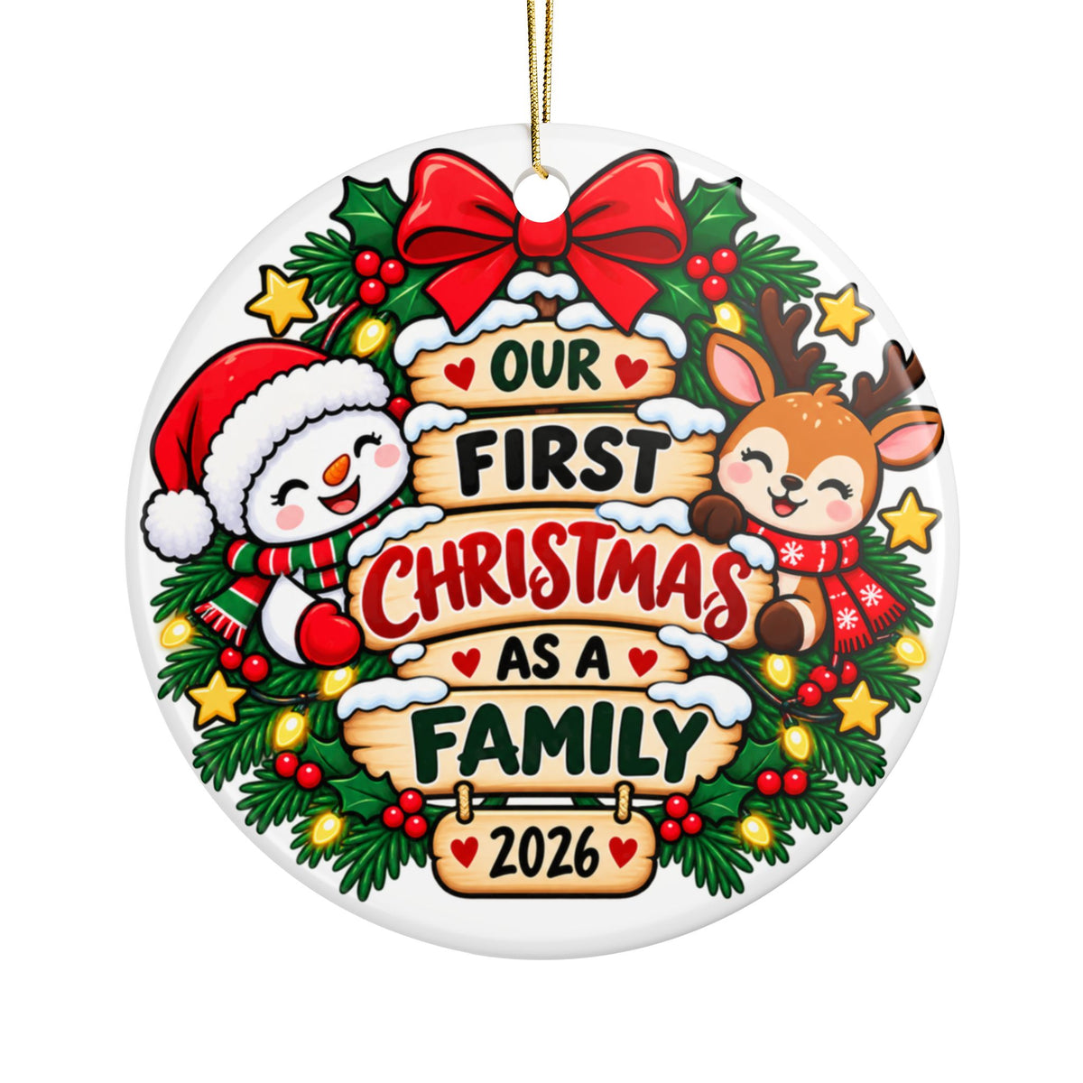 First Christmas as a Family Ornament 2026, Snowman and Reindeer with Festive Red Bow, Holiday Keepsake Gift for New Parents and New Families