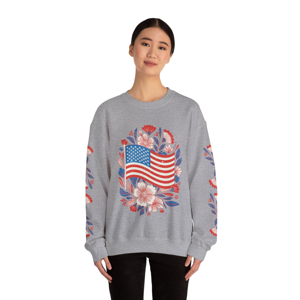 Floral American Flag Sweatshirt, Patriotic USA Pullover, Red White Blue Flower Top, Fourth of July Outfit, Americana Gift for Women