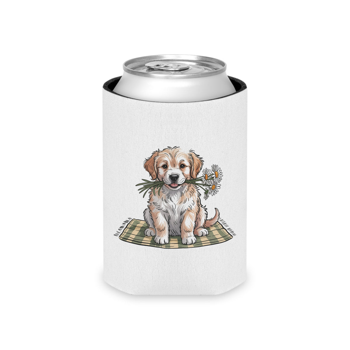 Golden Puppy Can Cooler, Cute Dog and Daisy Drink Sleeve, Gift for Dog Moms, Puppy Lovers, Pet Parents and Animal Lovers