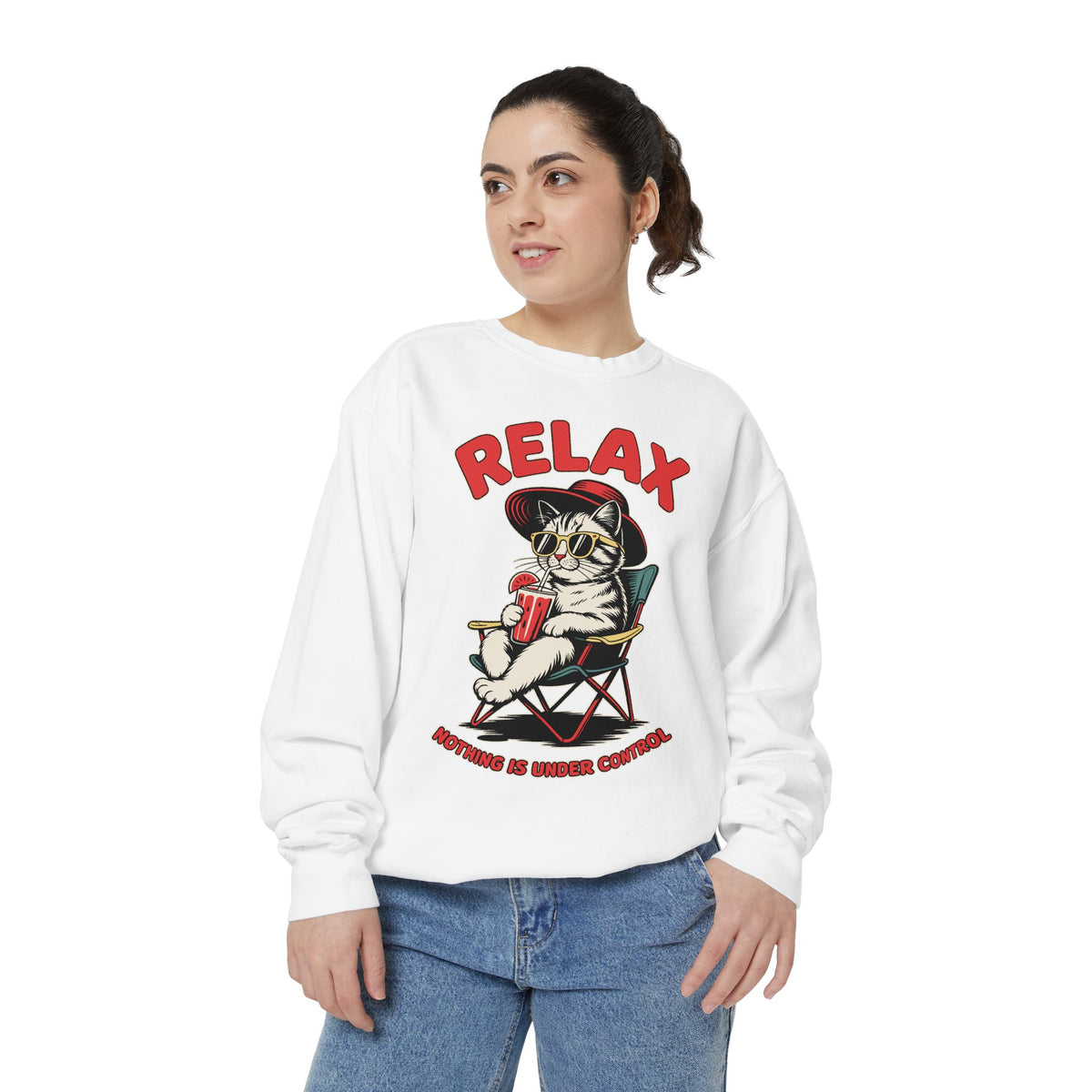 Funny Cat Lover Comfort Sweatshirt, Relax Nothing Is Under Control Crewneck, Sarcastic Cat Mom Comfort Sweatshirt Gift