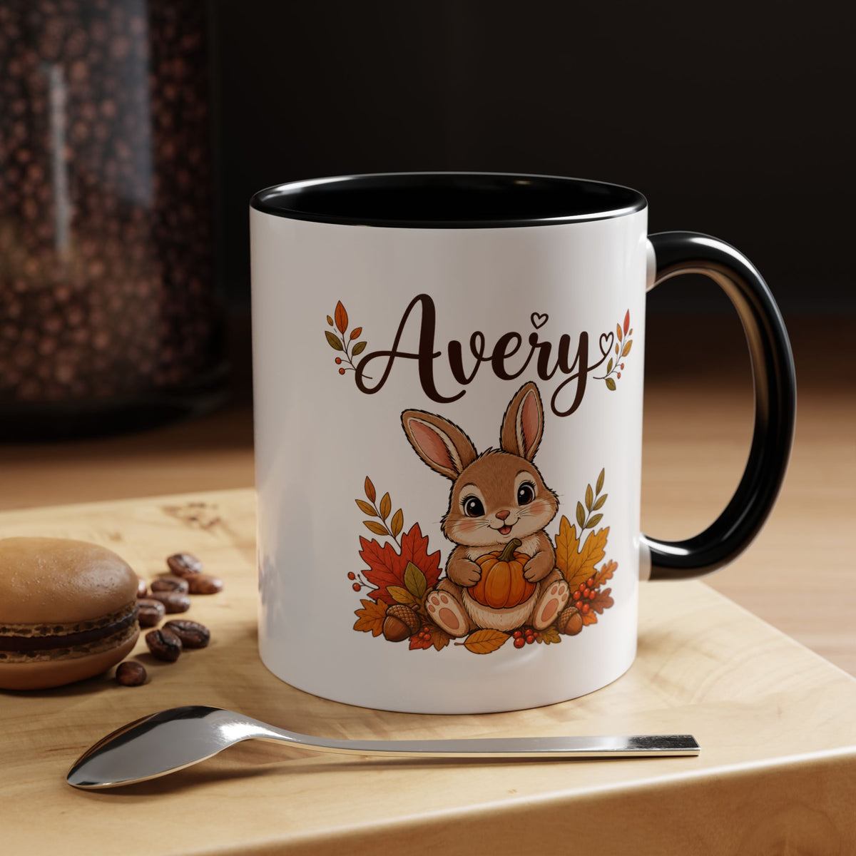 Personalized Bunny Mug with Name, Autumn Rabbit Coffee Cup, Cute Fall Woodland Gift for Daughter, Easter Basket or Birthday Keepsake