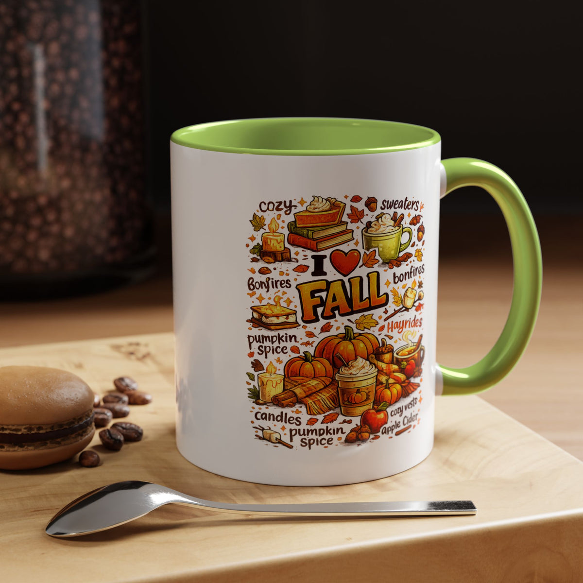 I Love Fall Coffee Mug, Cozy Autumn Pumpkin Spice Cup, Gift for Fall Lover, Book Reader, Teacher or Mom, Thanksgiving Kitchen Decor