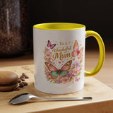 To a Wonderful Mum Coffee Mug, Cute Butterfly Birthday Gift for Mother, Floral Pastel Watercolor Ceramic Tea Cup with Pink Handle, Mum Gift