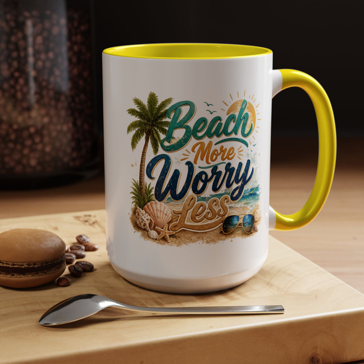 Beach More Worry Less Coffee Mug, Summer Vacation Gift for Ocean Lovers, Cute Tropical Palm Tree Ceramic Tea Cup with Dark Blue Handle