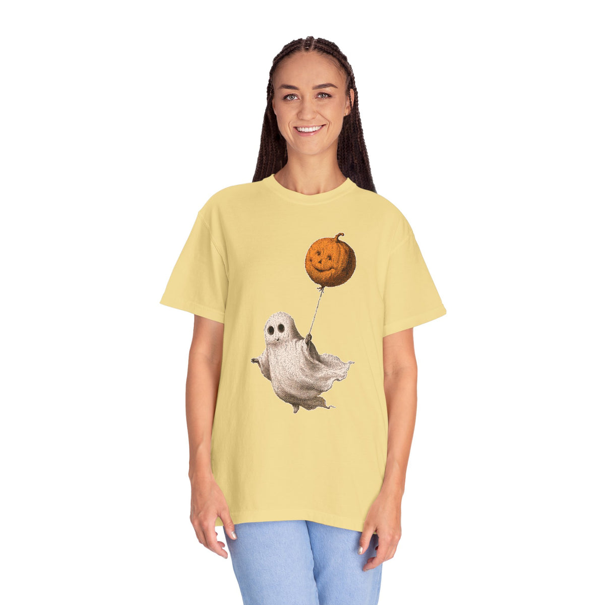 Cute Ghost Halloween Shirt, Pumpkin Balloon Graphic Tee, Vintage Spooky Season Gift for Women, Cozy October Fall Outfit for Ghost Lovers