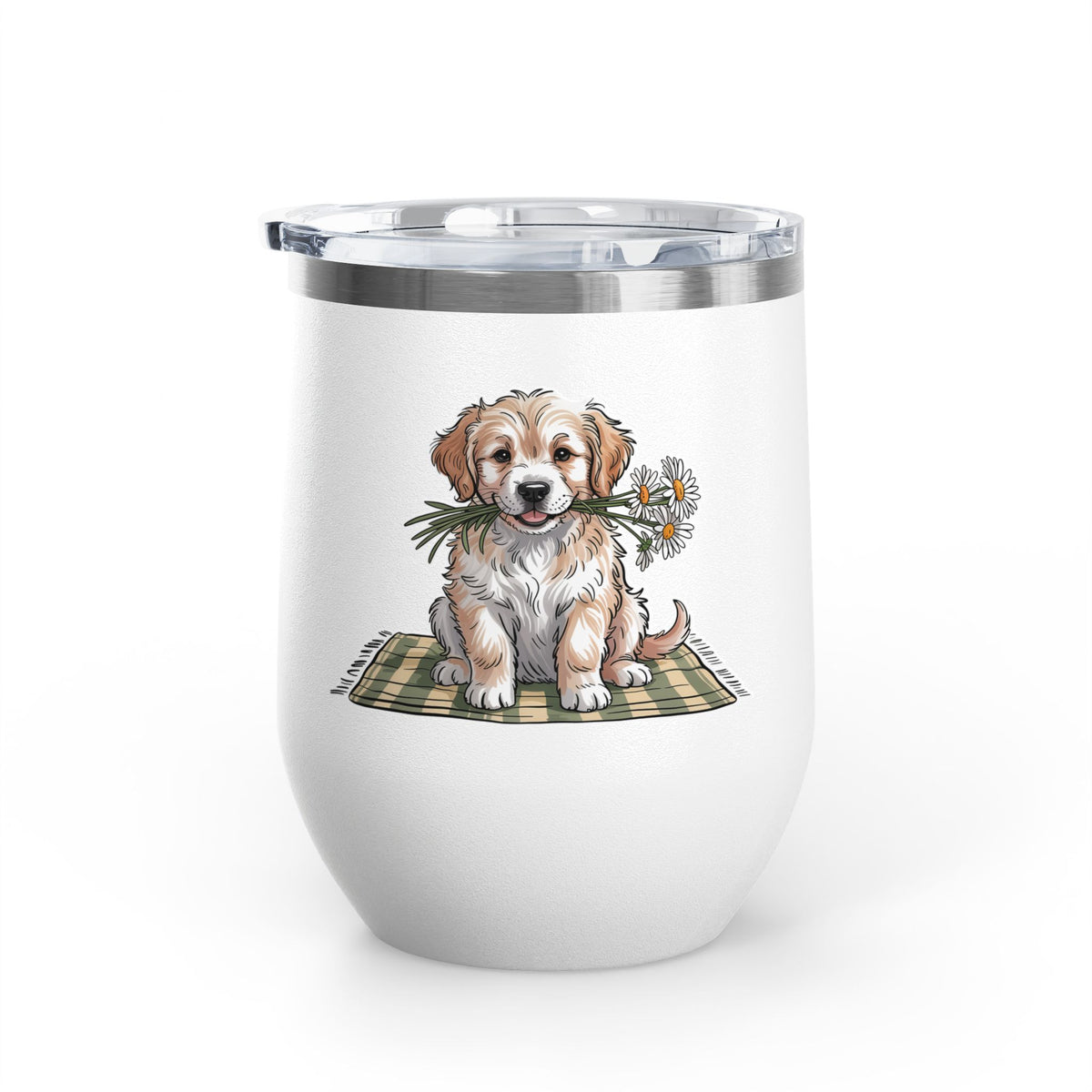 Golden Puppy Wine Tumbler, Cute Dog and Flower Cup, Gift for Dog Moms, Puppy Lovers, Pet Parents and Animal Lovers