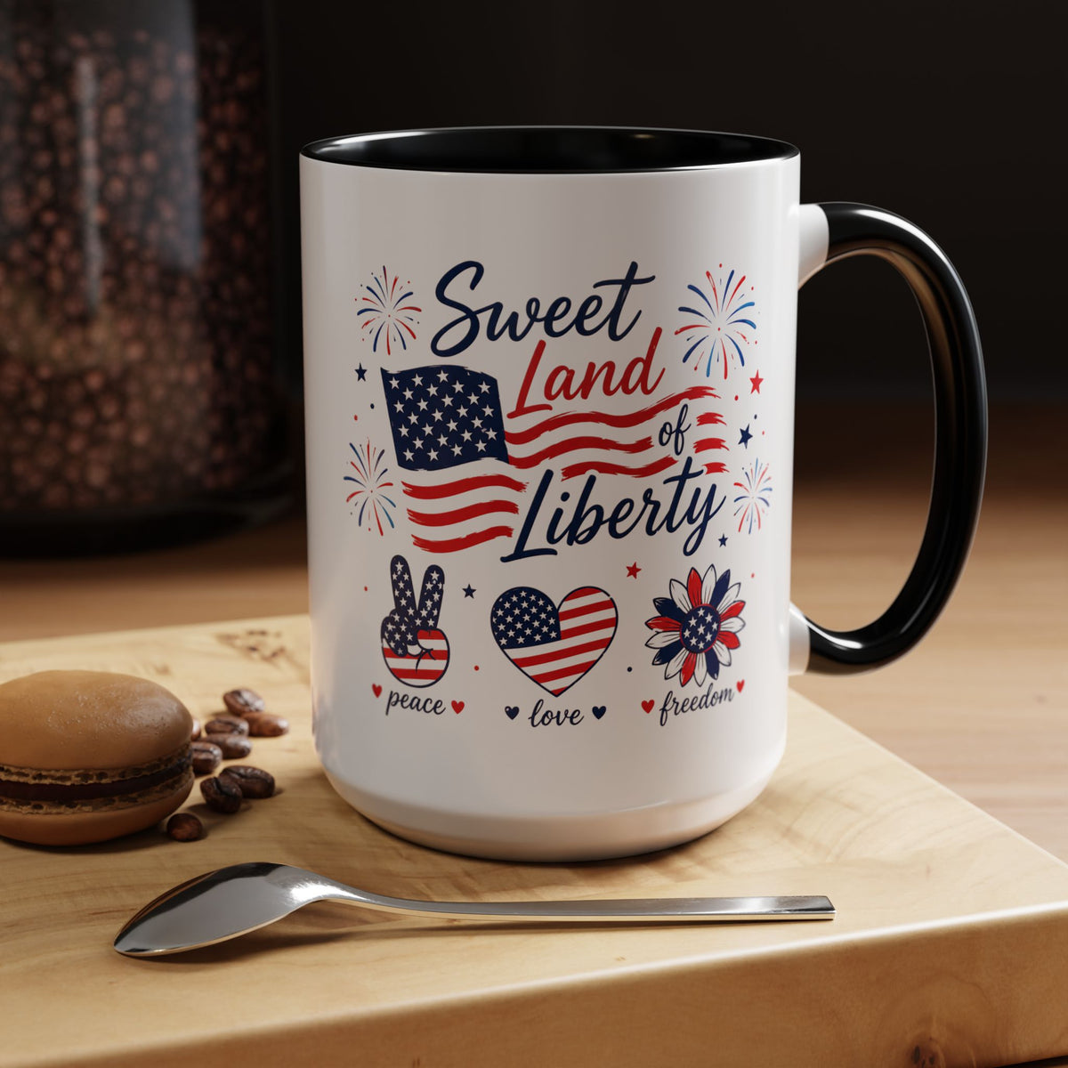 Sweet Land of Liberty Coffee Mug, Patriotic Fourth of July Mug, American Flag Heart Freedom Cup, USA Pride Gift for Women