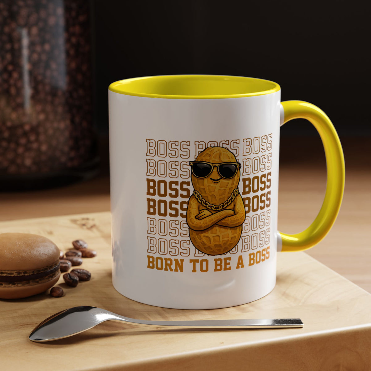 Born To Be A Boss Coffee Mug, Funny Peanut Office Joke Gift for Coworkers, Sarcastic Corporate Manager Ceramic Tea Cup with Orange Handle
