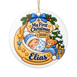 Personalized Baby First Christmas Ornament 2026, Blue Sleeping Baby on Crescent Moon, Custom Name Keepsake for New Parents and Grandparents