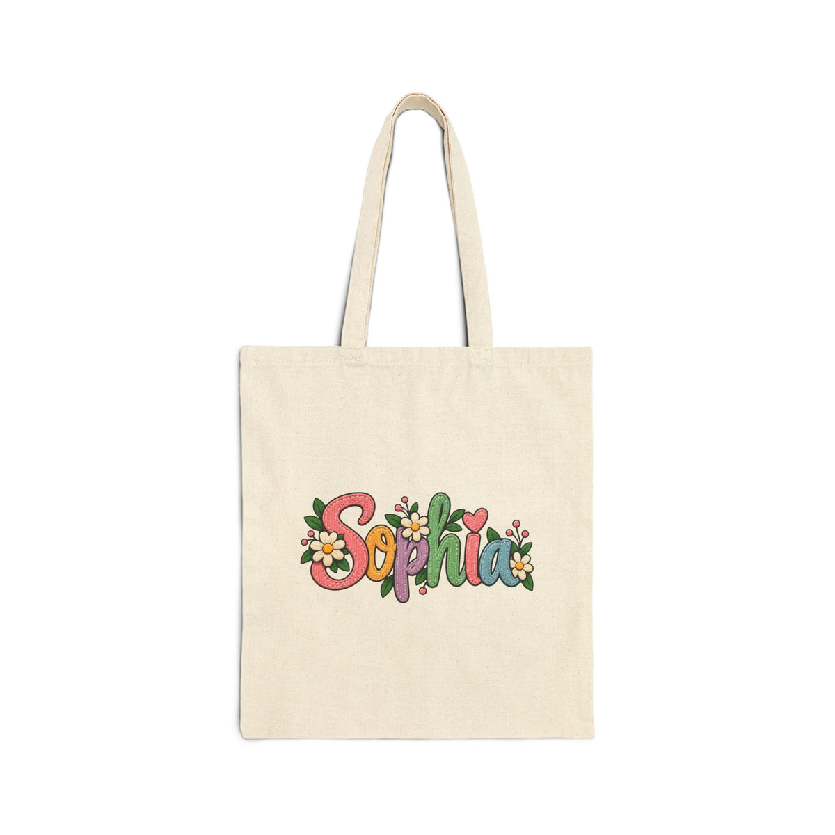 Personalized Name Tote Bag, Natural Cotton Canvas 15x16, Pastel Floral Lettering, Daisy Heart Custom Shopper