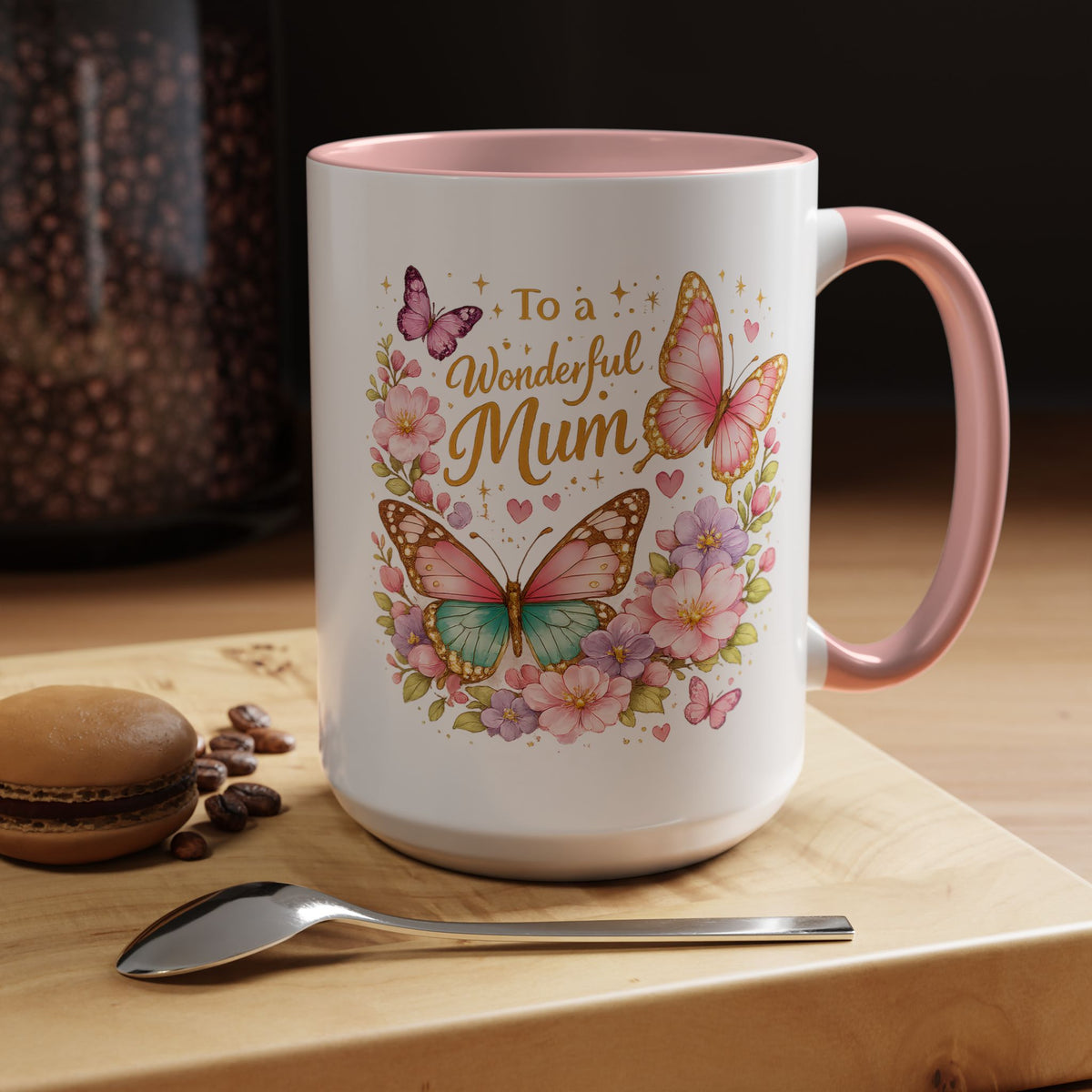 To a Wonderful Mum Coffee Mug, Cute Butterfly Birthday Gift for Mother, Floral Pastel Watercolor Ceramic Tea Cup with Pink Handle, Mum Gift