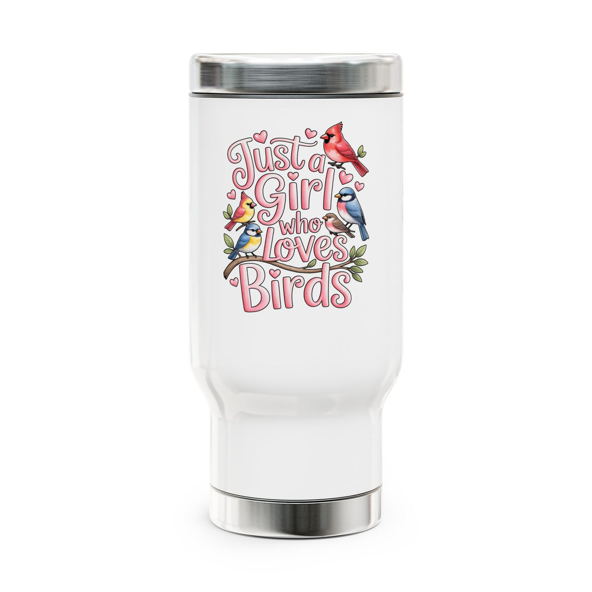 Bird Lover Travel Mug with Handle, Just a Girl Who Loves Birds, Cute Birdwatching Coffee Cup, Nature Gift for Her, Bird Lover Drinkware