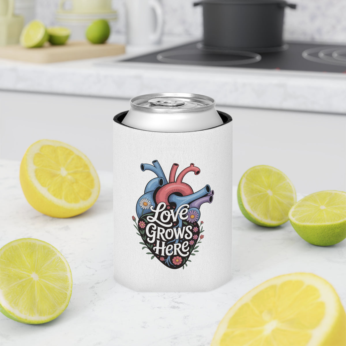 Love Grows Here Can Cooler, Floral Anatomical Heart Drink Sleeve, Mental Health Gift, Self Love Gift, Encouraging Gift for Her