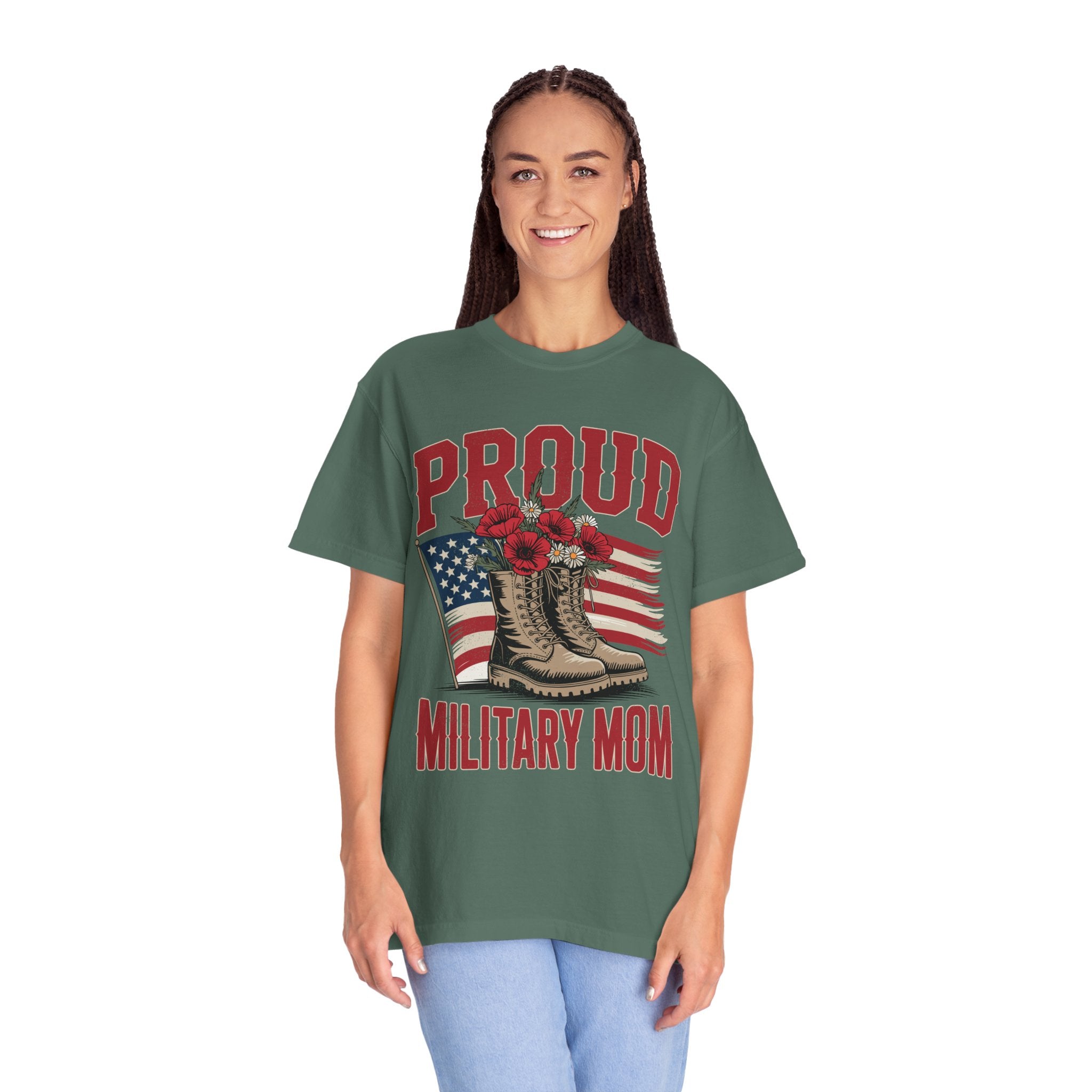 Proud Military Mom Shirt, Patriotic Army Mom T Shirt, Boots and Flowers Graphic Tee, American Flag Family Support Gift