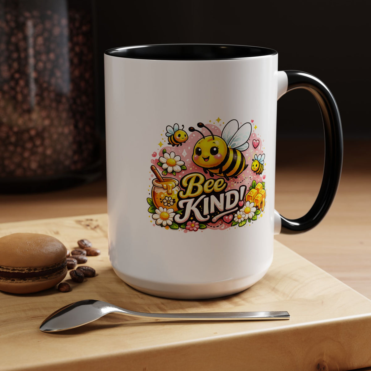 Bee Kind Coffee Mug, Cute Bumblebee Floral Black Accent Cup, Sweet Positive Kindness Gift for Bee Lover, Teacher, Friend or Gardener