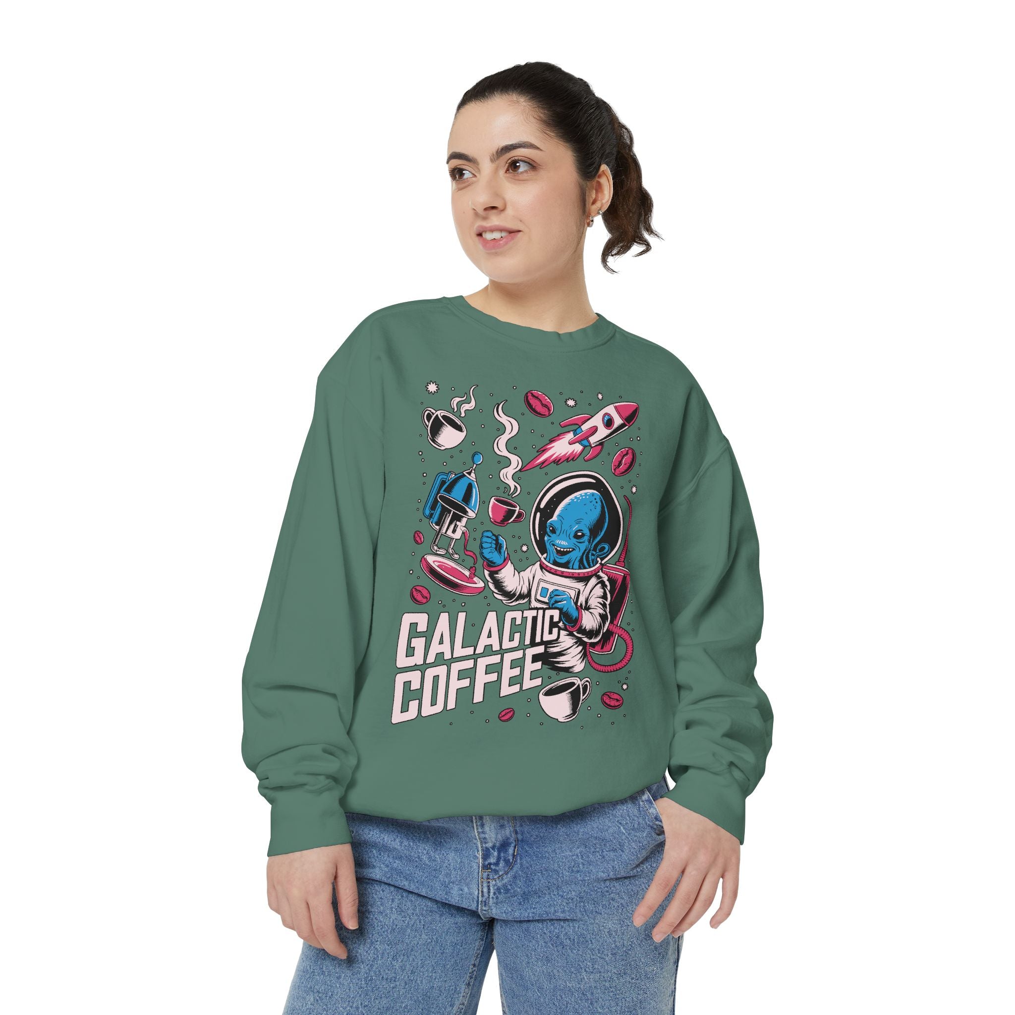 Galactic Coffee Comfort Colors Sweatshirt, Funny Alien Coffee Lover Shirt, Space Nerd Sweatshirt, Sci Fi Gift for Coffee Fans