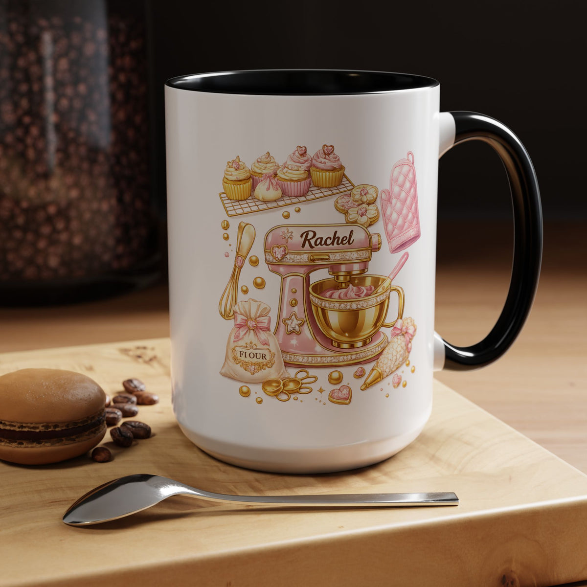 Cute Baking Stand Mixer Coffee Mug, Personalized Baker Gift for Her, Aesthetic Pastry Chef Kitchen Ceramic Tea Cup with Dark Blue Handle