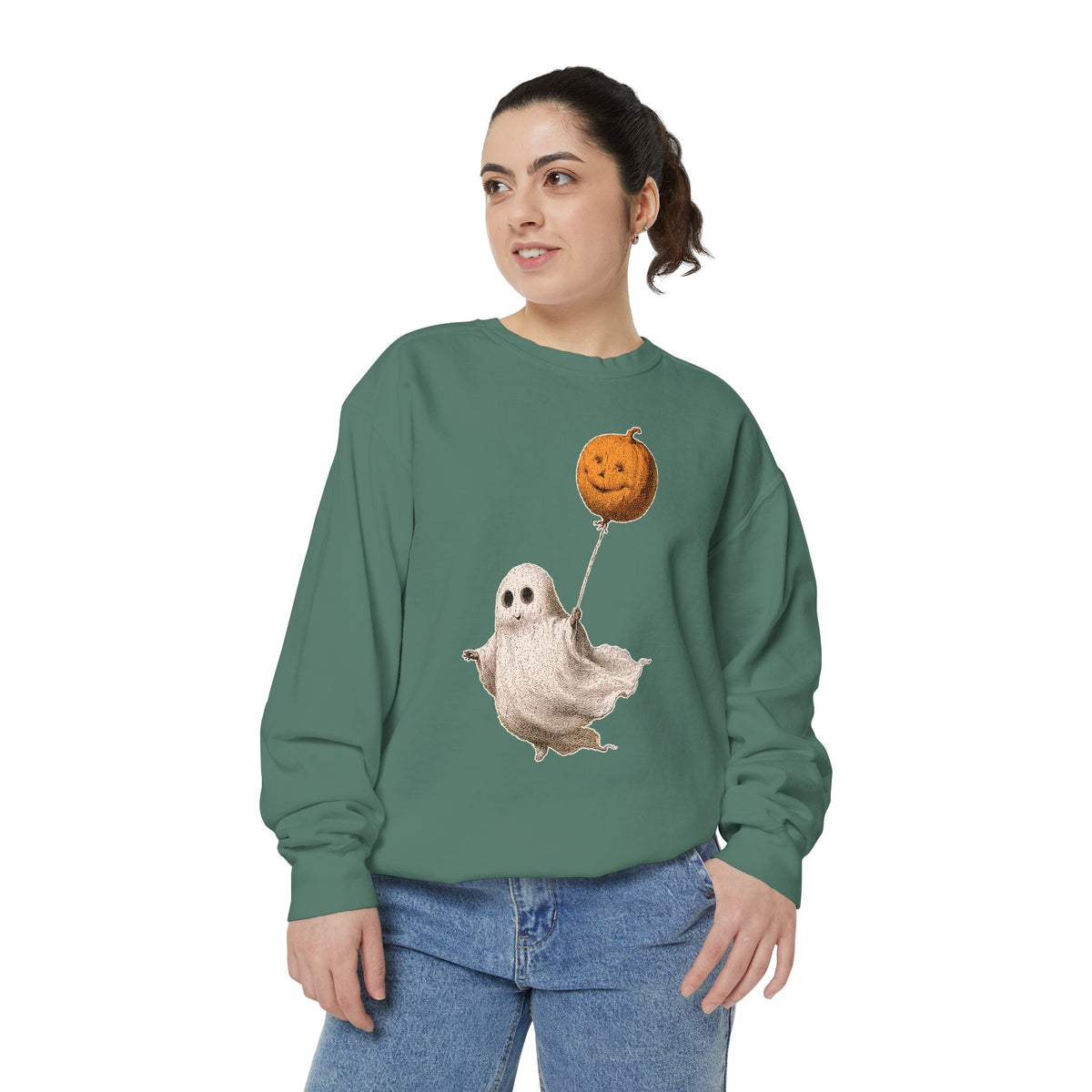 Cute Ghost Halloween Sweatshirt, Pumpkin Balloon Pullover, Vintage Spooky Season Gift for Women, Cozy October Fall Outfit for Ghost Loversv