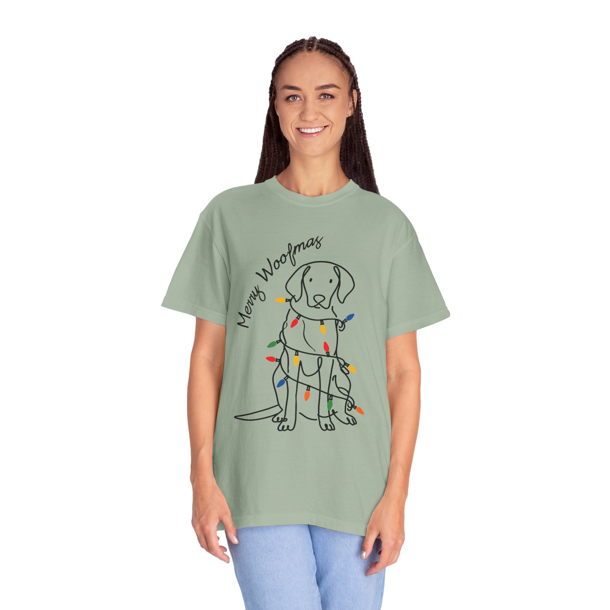 Merry Woofmas Dog Shirt, Funny Christmas Puppy T-Shirt, Holiday Lights Pet Lover Tee, Cute Gift for Dog Mom, Dog Dad or Family Party