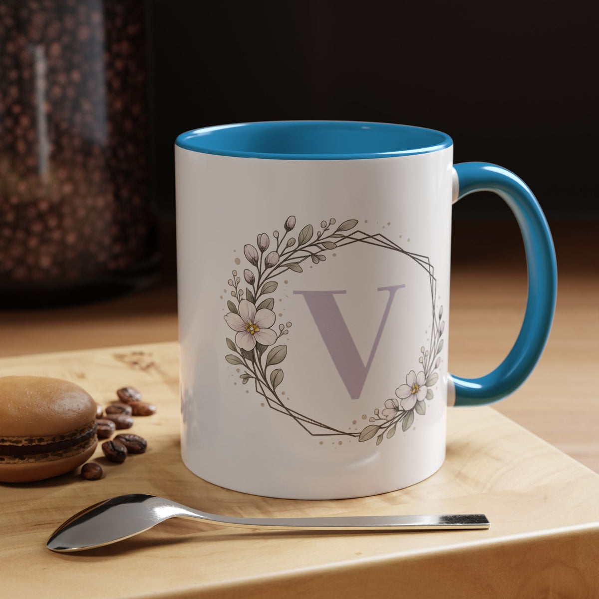 Letter V Monogram Mug, Floral Initial Coffee Mug for Women, Botanical Alphabet Cup, Minimalist Monogram Gift, Personalized Letter Mug