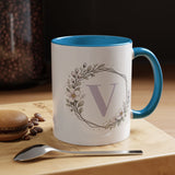 Letter V Monogram Mug, Floral Initial Coffee Mug for Women, Botanical Alphabet Cup, Minimalist Monogram Gift, Personalized Letter Mug