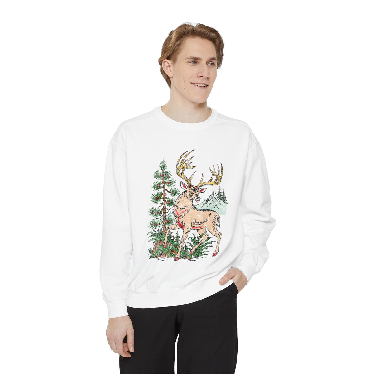 Woodland Deer Sweatshirt, Rustic Stag and Mountain Graphic, Gift for Wildlife Lovers and Hikers, Forest Inspired Cabin Weekend Clothing