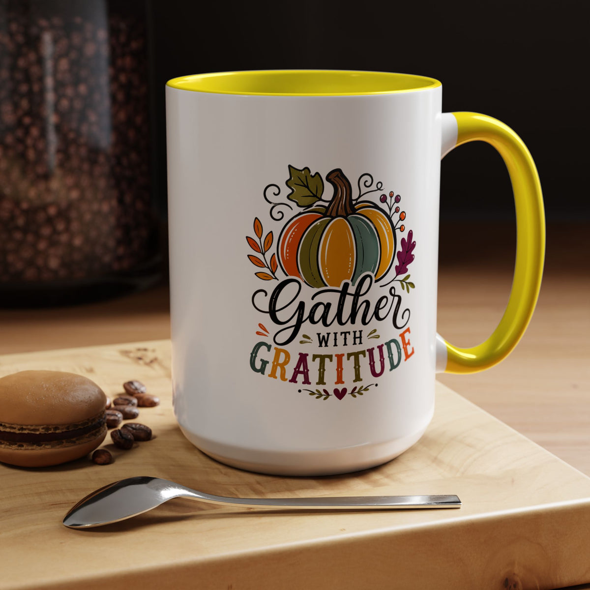 Gather With Gratitude Mug, Colorful Pumpkin Thanksgiving Coffee Cup, Cozy Fall Hostess Gift, Autumn Kitchen and Harvest Decor