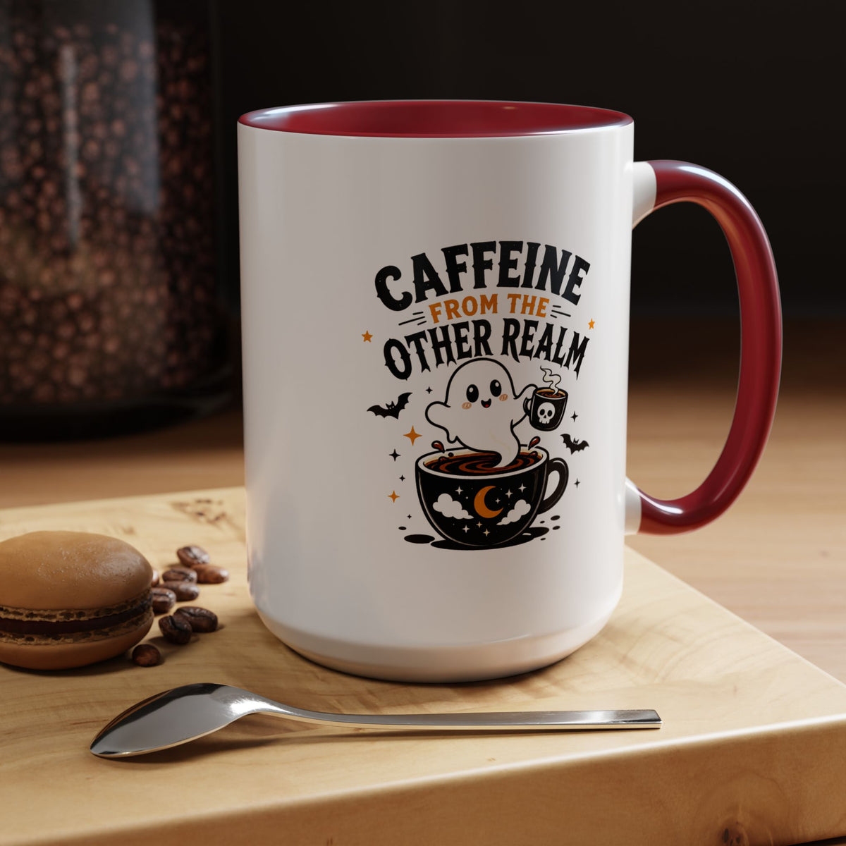 Halloween Ghost Coffee Mug, Caffeine From the Other Realm Black Accent Cup, Funny Spooky Gift for Coffee Lover, Barista or Coworker