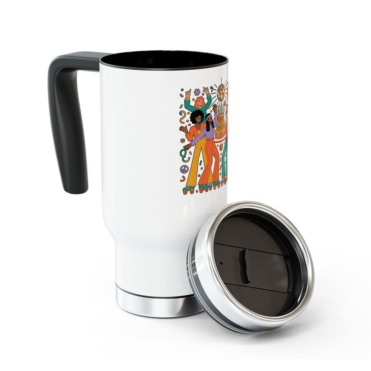 Retro Disco Birthday Travel Mug with Handle, 70s Roller Skating Party Design, Groovy Coffee Lover Gift for a Friend Who Loves Vintage Style