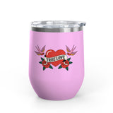 True Love Wine Tumbler, Vintage Tattoo Heart and Roses Cup, Romantic Anniversary Gift, Retro Drinkware for Couples