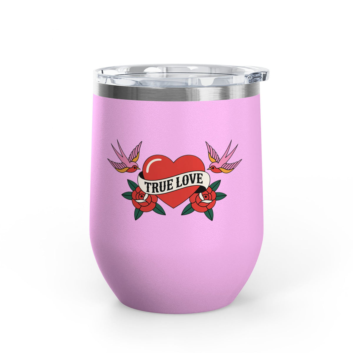 True Love Wine Tumbler, Vintage Tattoo Heart and Roses Cup, Romantic Anniversary Gift, Retro Drinkware for Couples