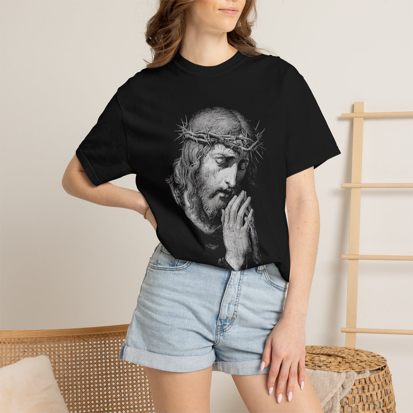 Jesus Praying Graphic Tee, Christian Faith T Shirt, Religious Streetwear Shirt, Vintage Jesus Shirt for Women Men