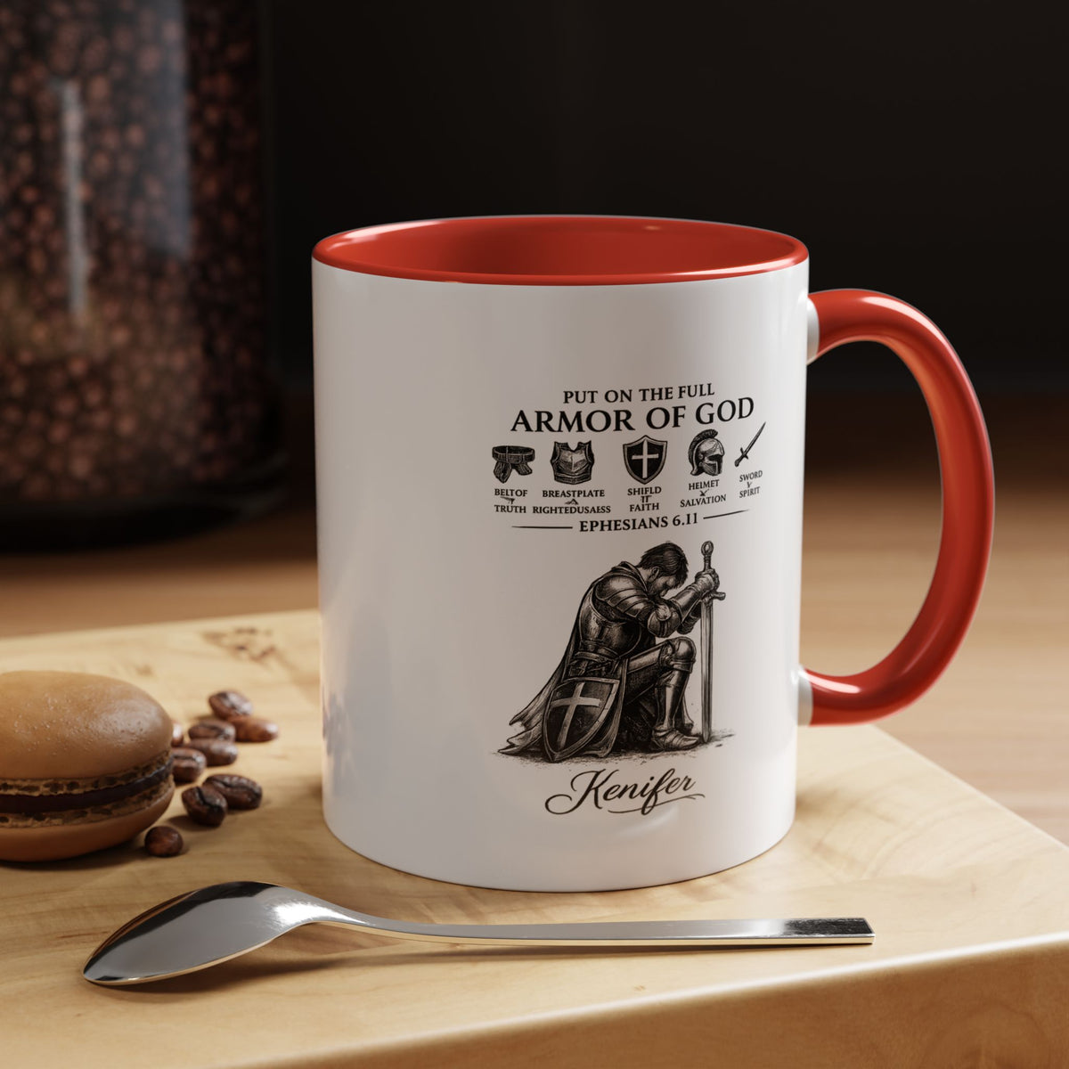 Full Armor of God Coffee Mug with Name, Personalized Christian Knight Gift for Men, Inspirational Scripture Ceramic Tea Cup, Religious Faith Present