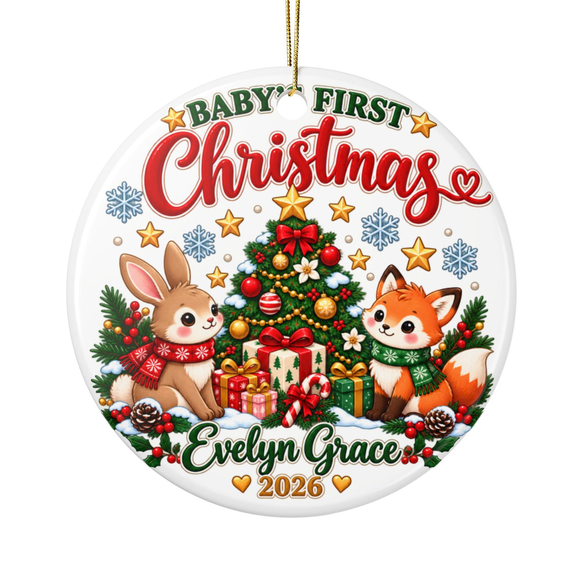 Personalized Baby First Christmas Ornament 2026, Custom Name Woodland Bunny and Fox Keepsake, Holiday Gift for New Parents and Grandbaby