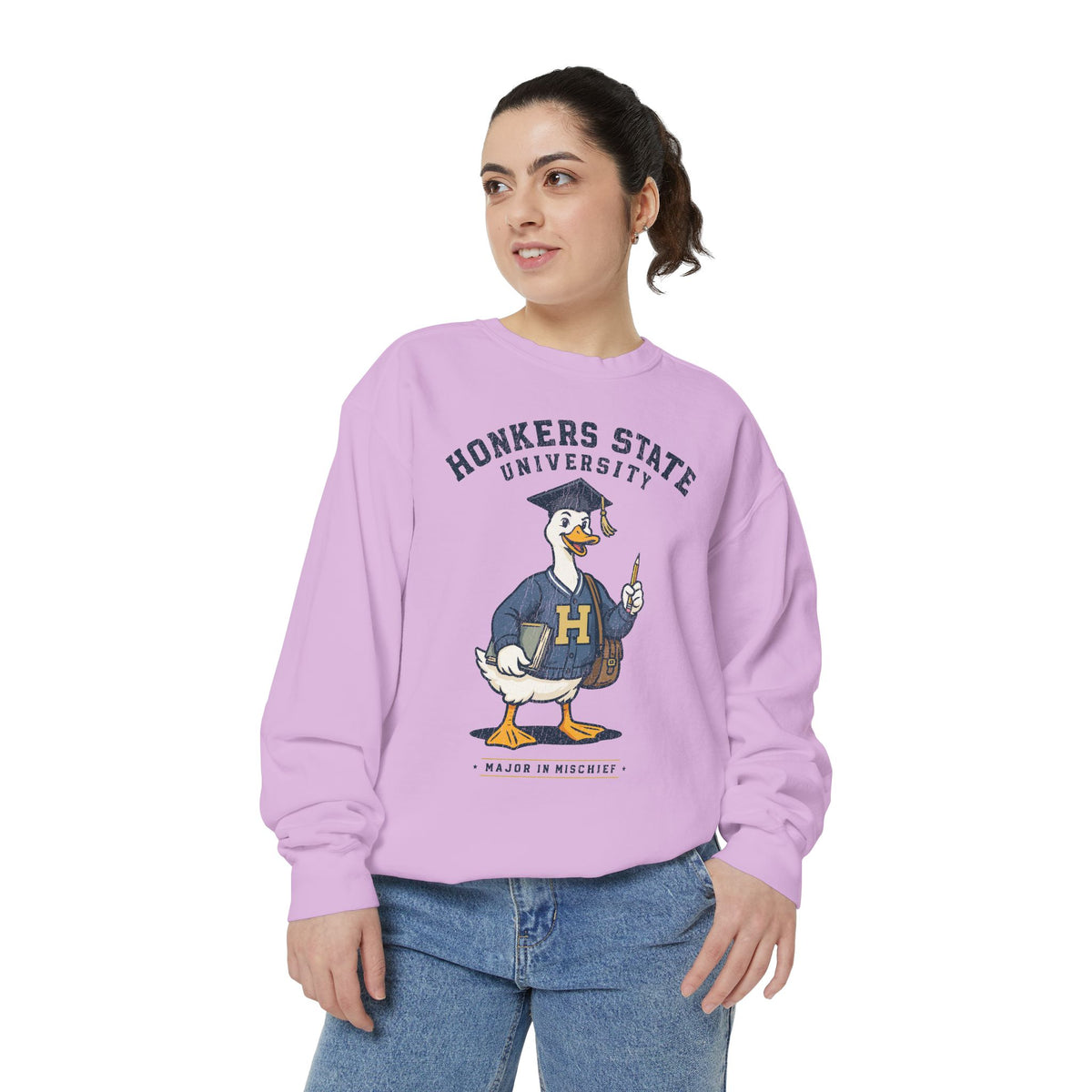 Honkers State University Sweatshirt, Funny Goose Graduate Crewneck, Major in Mischief College Student Gift, Graduation Campus Pullover