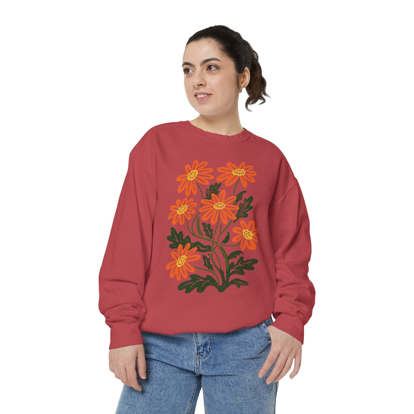 Orange Daisy Graphic Sweatshirt, Retro Floral Pullover for Flower Lovers, Groovy Botanical Top, Cheerful Garden Gift for Women