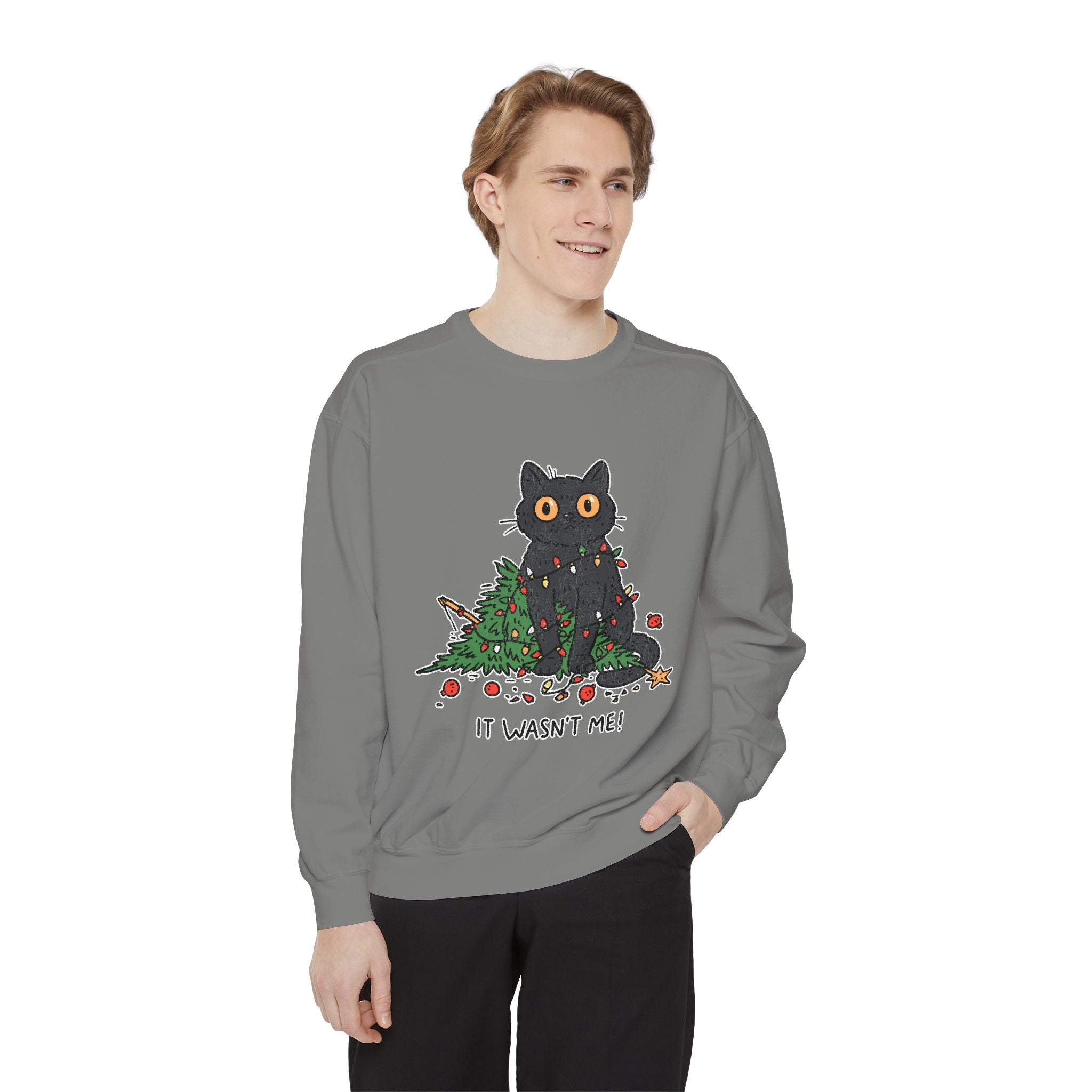 It Wasn't Me Black Cat Christmas Sweatshirt, Funny Holiday Crewneck, Mischievous Kitty Lights Pullover, Gift for Cat Mom or Cat Dad