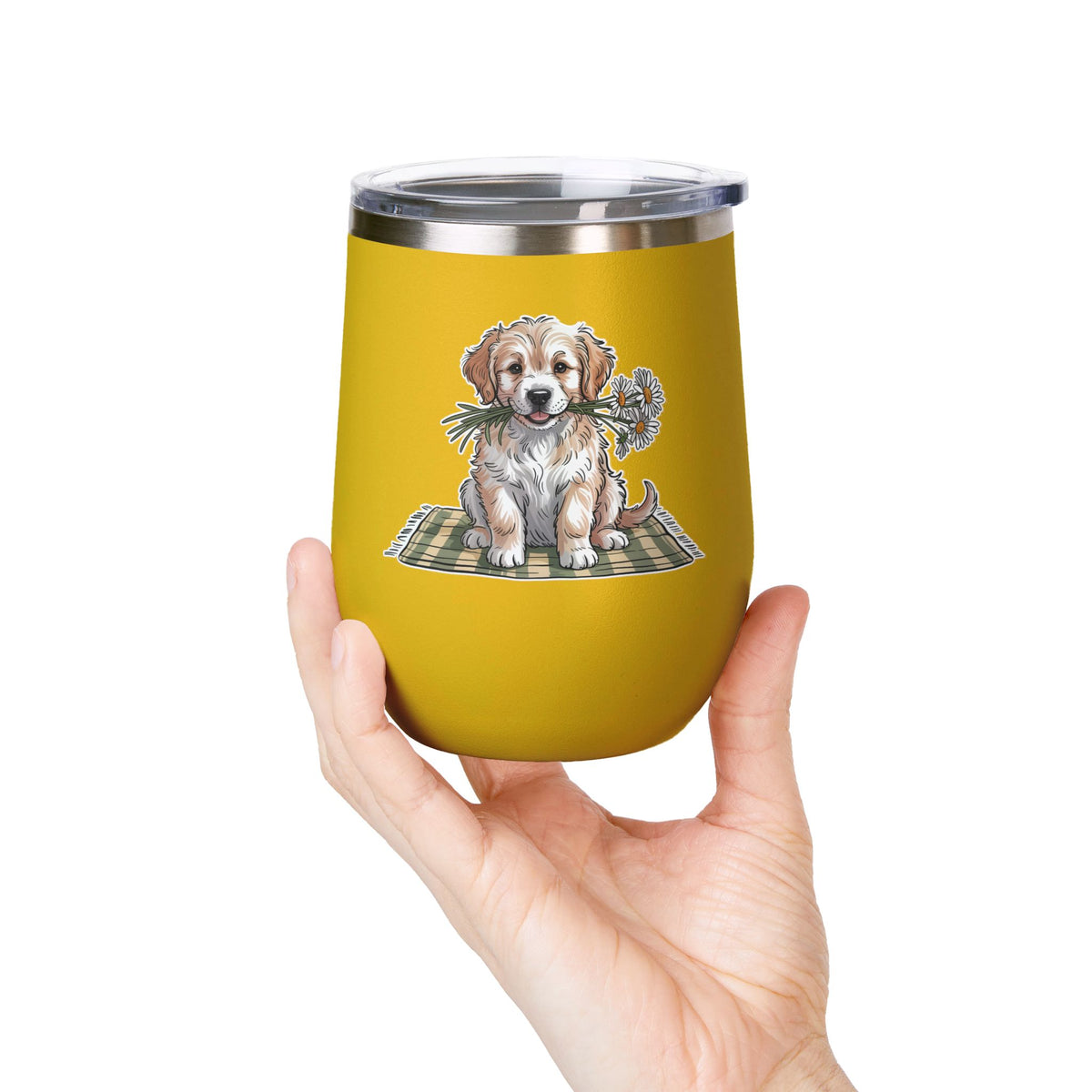 Golden Puppy Wine Tumbler, Cute Dog and Flower Cup, Gift for Dog Moms, Puppy Lovers, Pet Parents and Animal Lovers