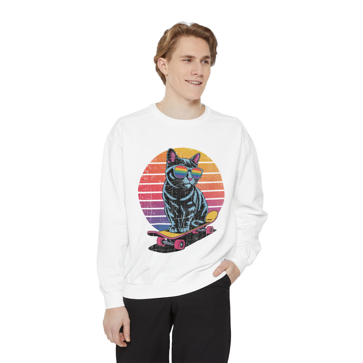 Retro Skateboard Cat Sweatshirt, Rainbow Sunglasses Kitty Crewneck, Funny Cat Lover Gift, Vintage Skater Graphic Cozy Pullover Top