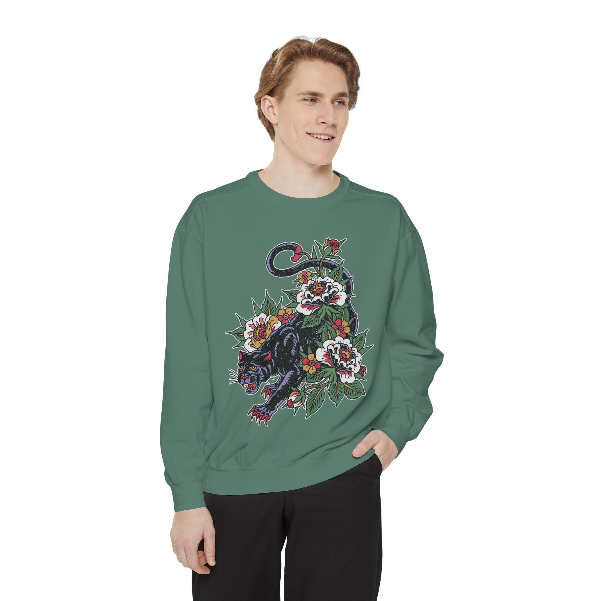 Traditional Panther Graphic Sweatshirt, Floral Tattoo Pullover for Men and Women, Old School Big Cat Top