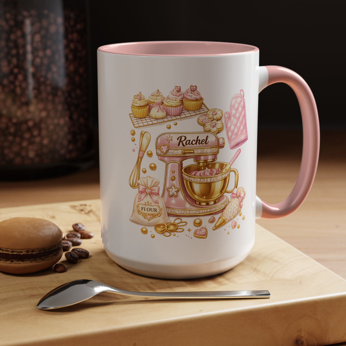 Cute Baking Stand Mixer Coffee Mug, Personalized Baker Gift for Her, Aesthetic Pastry Chef Kitchen Ceramic Tea Cup with Dark Blue Handle