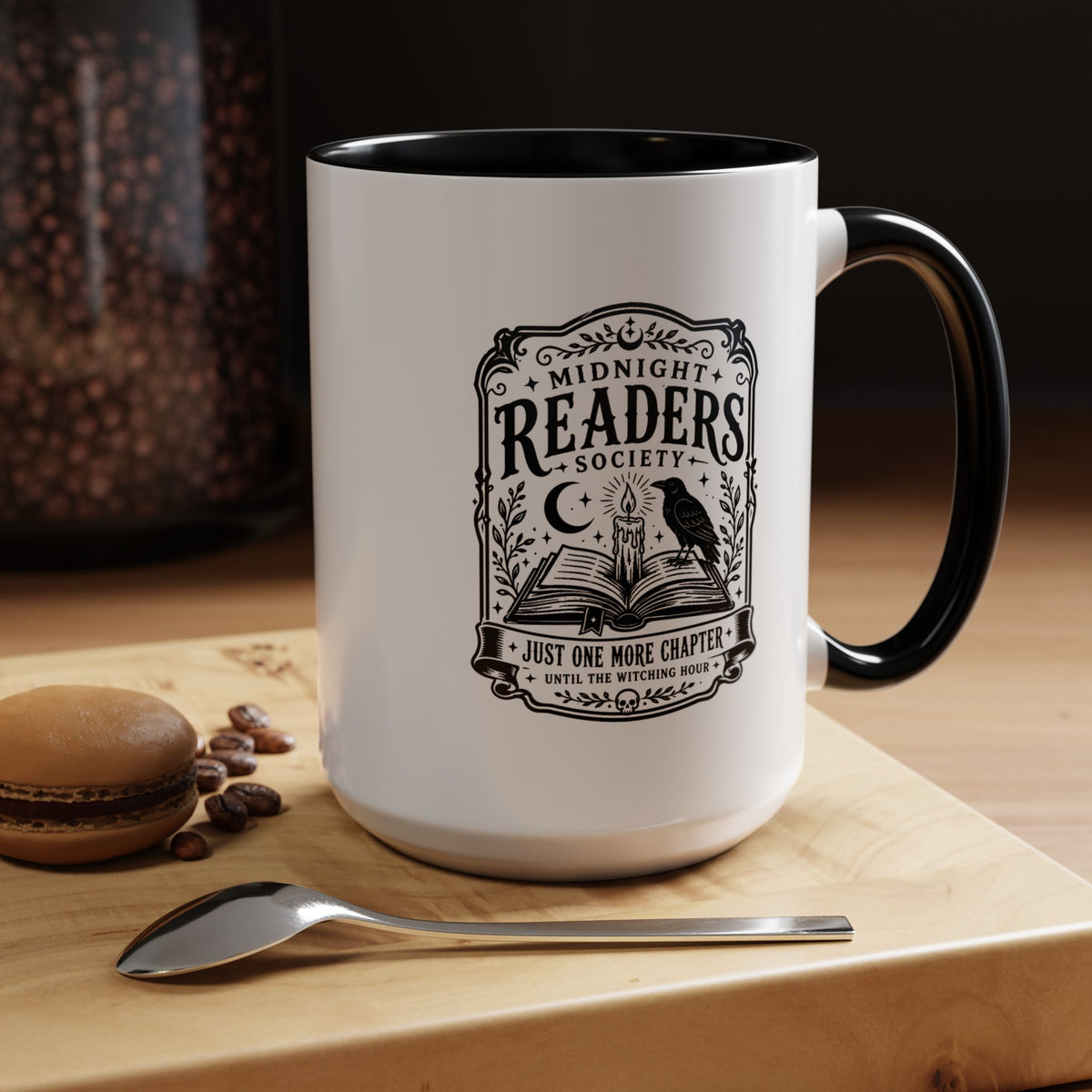Midnight Readers Society Mug, Gothic Raven Book Black Accent Coffee Cup, Dark Academia Gift for Book Lover, Librarian or Night Reader