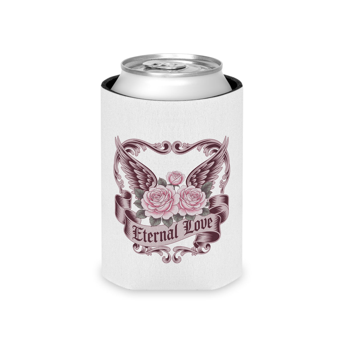 Gothic Rose Can Cooler, Eternal Love Drink Sleeve, Dark Romantic Gift, Vintage Winged Rose Design, Anniversary Gift for Couples