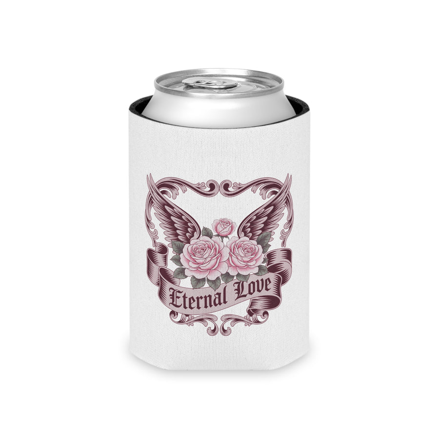 A white can cooler on a drink can, printed with pink roses in front of dark burgundy wings, framed by ornate vintage scrollwork, above a banner reading "Eternal Love".