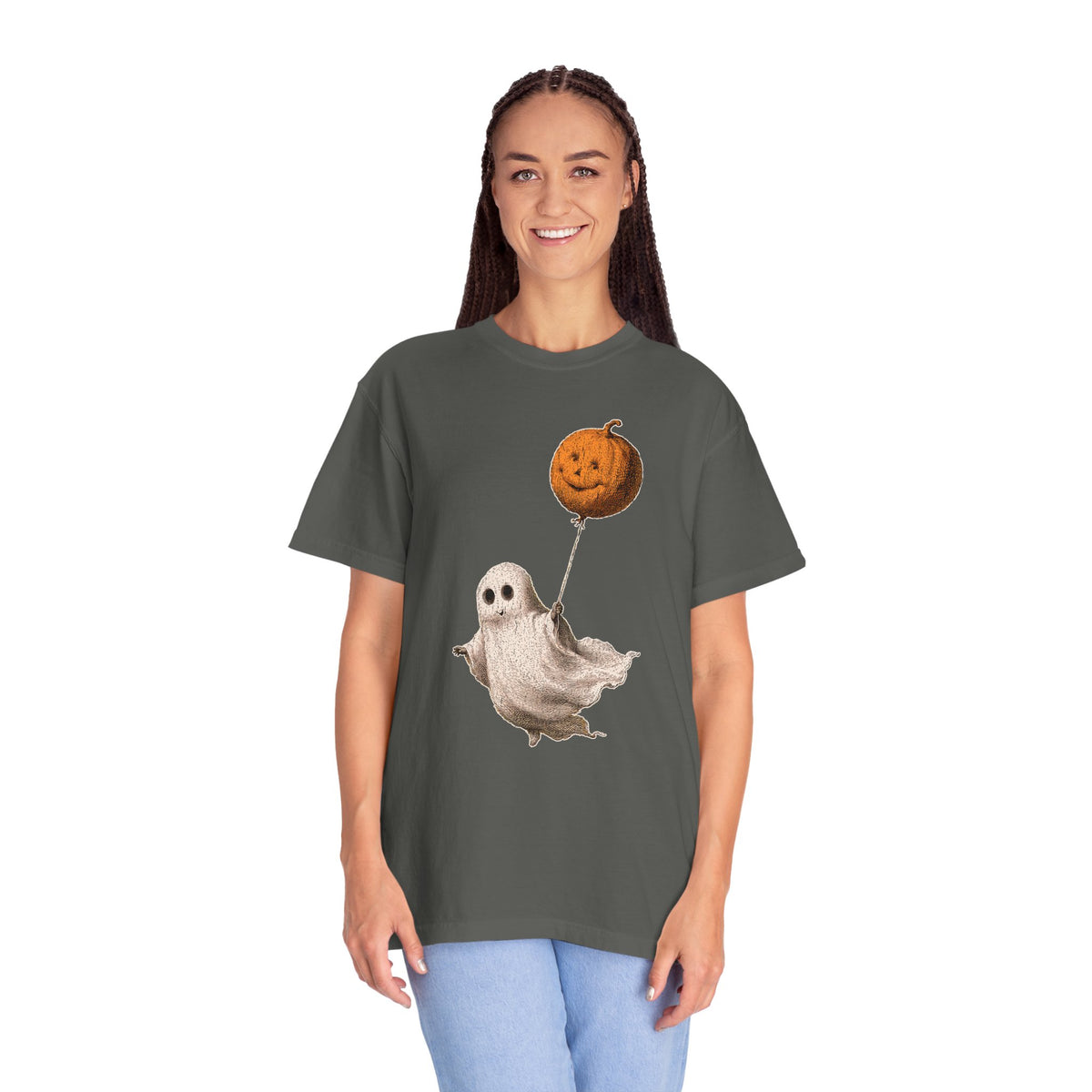 Cute Ghost Halloween Shirt, Pumpkin Balloon Graphic Tee, Vintage Spooky Season Gift for Women, Cozy October Fall Outfit for Ghost Lovers