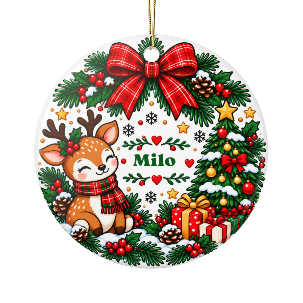 Personalized Deer Christmas Ornament, Custom Child Name in Evergreen Wreath with Red Plaid Bow, Woodland Holiday Keepsake Gift for Kids