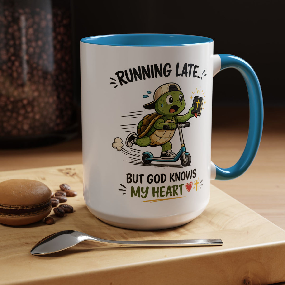 Christian Turtle Coffee Mug, Running Late But God Knows My Heart Mug, Funny Faith Based Mug, Christian Gift for Friends, Bible Lover Cup