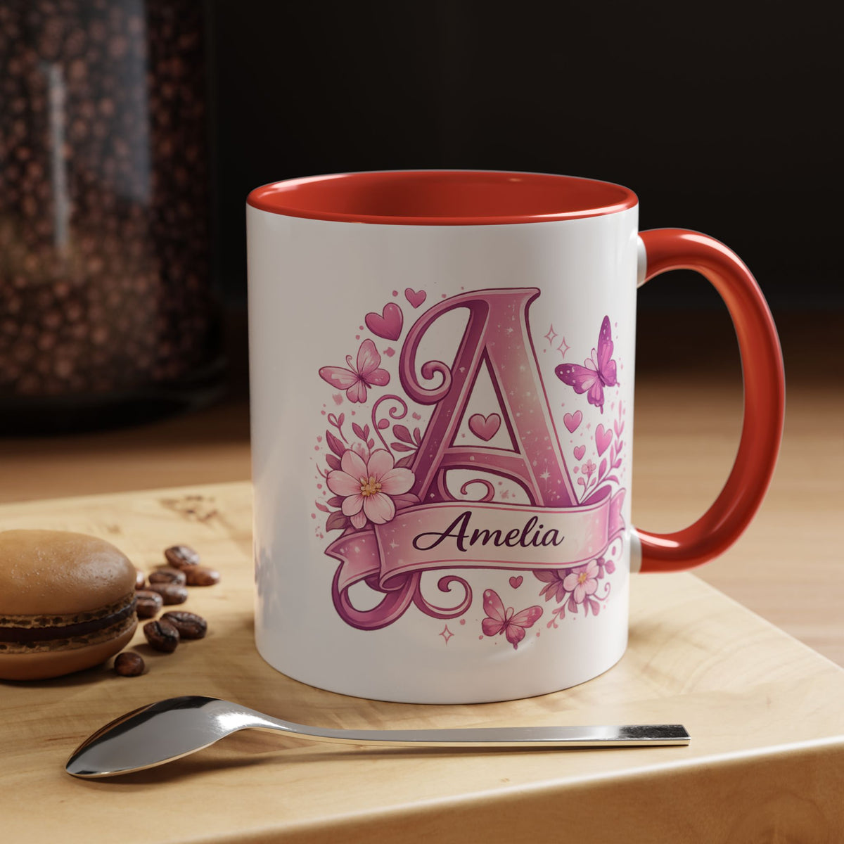 Personalized Butterfly Initial Mug, Custom Name Coffee Mug for Girls and Women, Floral Monogram Cup, Pink Aesthetic Gift, Custom Letter Mug