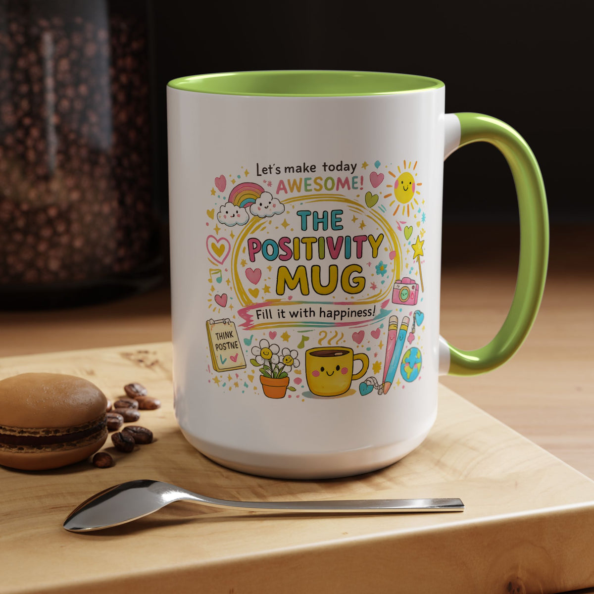 The Positivity Mug, Funny Sarcastic Office Gag Gift for Coworkers, Bright Doodle Aesthetic Motivational Coffee Cup with Orange Handle