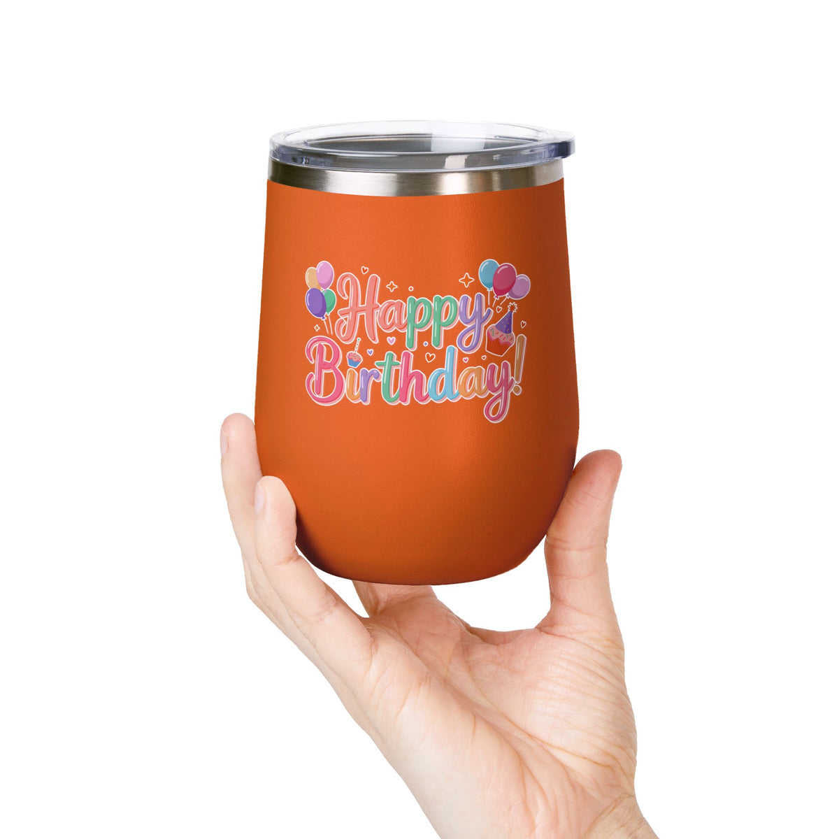 Happy Birthday Wine Tumbler, Pastel Balloons and Cupcake Design, Colorful Drinkware Gift for a Best Friend, Sister or Coworker Celebration
